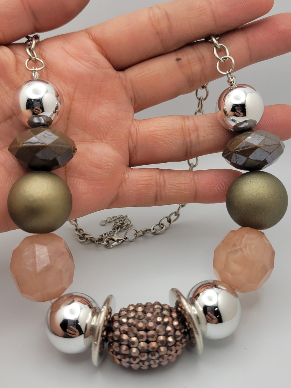 Statement Beaded Necklace in Lucite Olive, Rose Gold and Silver Beads